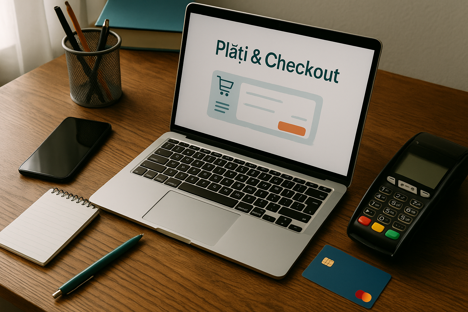 Imagine editorială cu obiecte / workspace pentru articolul: cum securizezi automatizările din checkout și plățile online