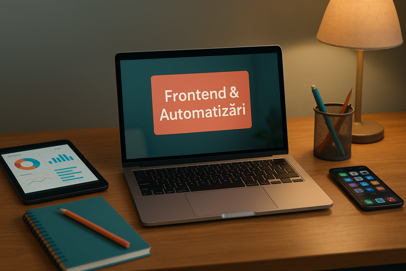 Imagine editorială cu obiecte / workspace pentru articolul: ce automatizări frontend sunt utile într-un magazin online