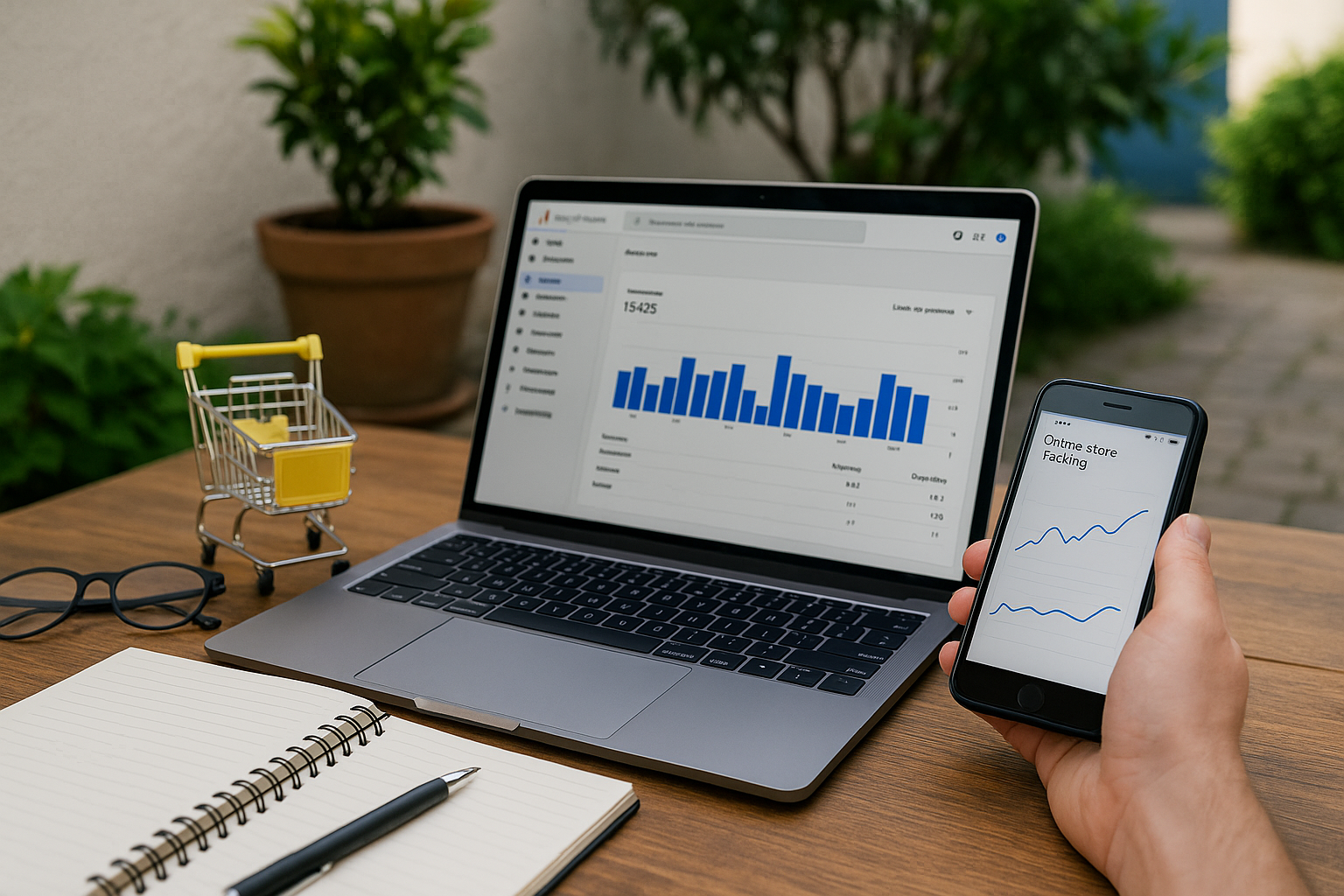 Imagine editorială cu obiecte / workspace pentru articolul: implementare tracking GA4 pentru magazin online