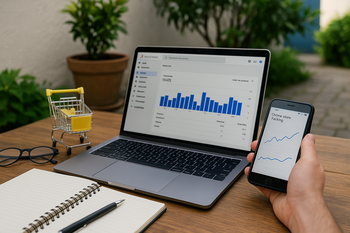 Imagine editorială cu obiecte / workspace pentru articolul: implementare tracking GA4 pentru magazin online